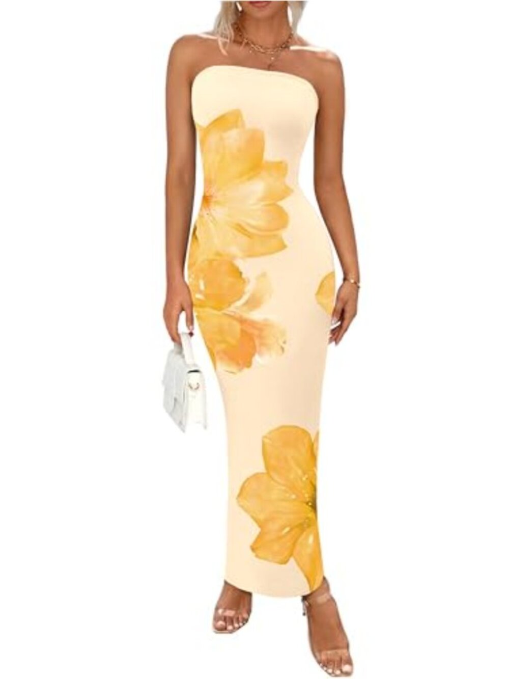 Strapless Bodycon Maxi Dress with Floral Pattern and Slit